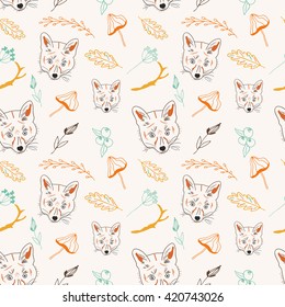 Animal seamless vector pattern. Cute cartoon background in bright colors with red fox. Wild animal pattern with hand drawn fox