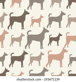 Animal seamless vector pattern of dog silhouettes. Endless texture can be used for printing onto fabric, web page background and paper or invitation. Doggy style. White, grey and brown colors.