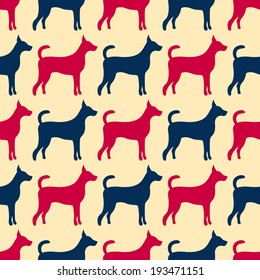 Animal seamless vector pattern of dog silhouettes. Endless texture can be used for printing onto fabric, web page background and paper or invitation. Doggy style. Red, blue and yellow colors.