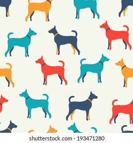 Animal seamless vector pattern of dog silhouettes. Endless texture can be used for printing onto fabric, web page background and paper or invitation. Doggy style. White, blue, red and yellow colors.