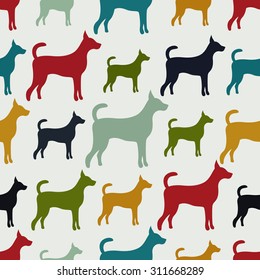 Animal seamless vector pattern of dog silhouettes. Endless texture can be used for printing onto fabric, web page background and paper or invitation. Doggy style. Retro colors.