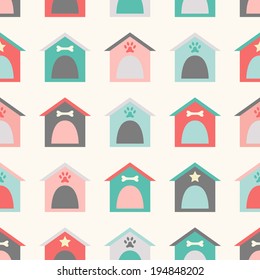 Animal seamless vector pattern of kennel. Endless texture can be used for printing onto fabric, web page background and paper or invitation. Doggy style. Retro colors. Dog home, house.