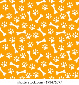 Animal seamless vector pattern of paw footprint and bone. Endless texture can be used for printing onto fabric, web page background and paper or invitation. Dog style. White and orange colors.