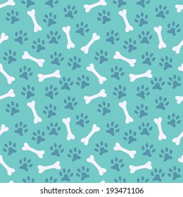 Animal seamless vector pattern of paw footprint and bone. Endless texture can be used for printing onto fabric, web page background and paper or invitation. Dog style. White and blue colors.