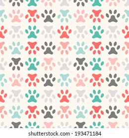 Animal seamless vector pattern of paw footprint. Endless texture can be used for printing onto fabric, web page background and paper or invitation. Polka dog style. Colorful.