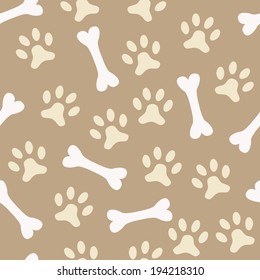 Animal seamless vector pattern of paw footprint and bone. 