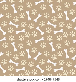 Animal seamless vector pattern of paw footprint and bone.