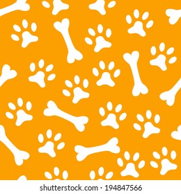 Animal seamless vector pattern of paw footprint and bone. Endless texture can be used for printing onto fabric, web page background and paper or invitation. Dog style. White and orange colors.