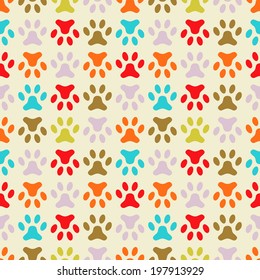 Animal seamless vector pattern of paw footprint. Endless texture can be used for printing onto fabric, web page background and paper or invitation. Polka dog style. Retro colors.