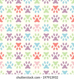 Animal seamless vector pattern of paw footprint. Endless texture can be used for printing onto fabric, web page background and paper or invitation. Dog style. Pastel colors.