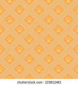 Animal seamless vector pattern of paw footprint and line. Endless texture can be used for printing onto fabric, web page background and paper or invitation. Dog style. White and orange colors.