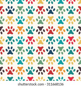 Animal seamless vector pattern of paw footprint. Endless texture can be used for printing onto fabric, web page background and paper or invitation. Dog style. Bright colors.