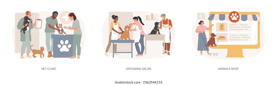 Animal service and care isolated concept vector illustration set. Vet clinic, grooming salon, animals shop, veterinary hospital, pet goods e-shop, pets vaccination, doggie spa vector concept.