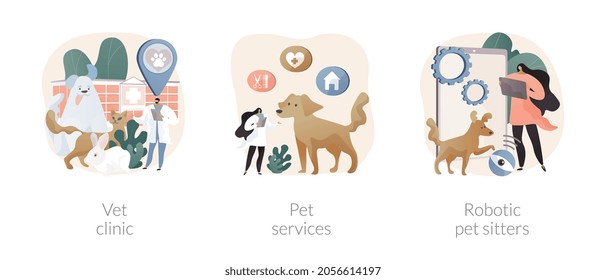 Animal services abstract concept vector illustration set. Vet clinic, pet services, robotic pet sitters, dog walking, grooming salon, veterinary hospital medical care, vaccination abstract metaphor.