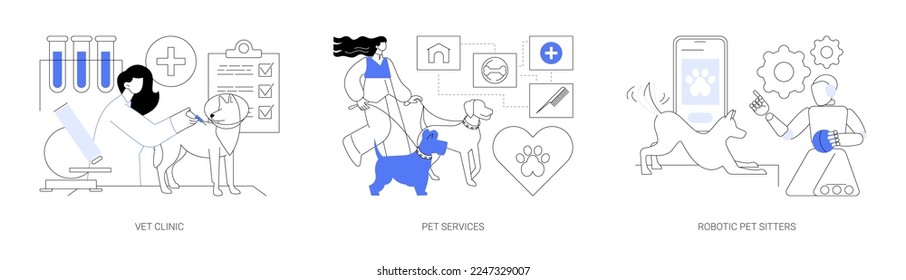 Animal services abstract concept vector illustration set. Vet clinic, pet services, robotic pet sitters, dog walking, grooming salon, veterinary hospital medical care, vaccination abstract metaphor.