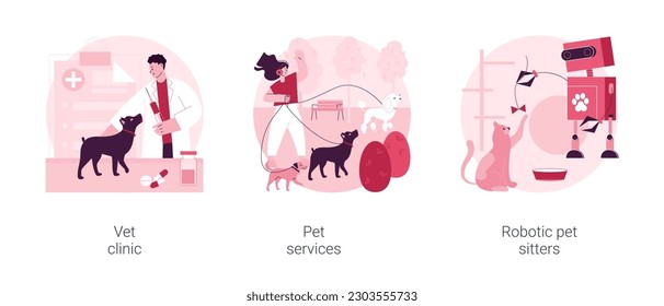 Conjunto de ilustraciones vectoriales de concepto abstracto de servicios para animales. Clínica de veterinaria, servicios para mascotas, niñeras robóticas, paseo de perros, salón de belleza, atención médica de hospital veterinario, metáfora abstracta de vacunación.