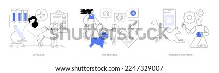 Animal services abstract concept vector illustration set. Vet clinic, pet services, robotic pet sitters, dog walking, grooming salon, veterinary hospital medical care, vaccination abstract metaphor.