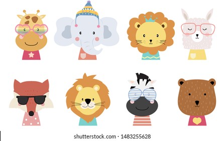 Animal set with bear,lion,llama,elephant,zebra,giraffe,fox.Vector  illustration for sticker,postcad,birthday invitation
