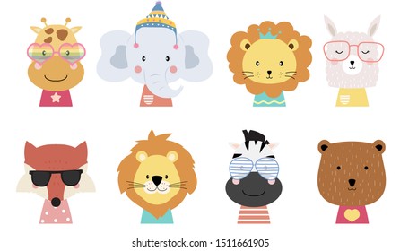 Animal set with bear,lion,llama,elephant,zebra,giraffe,fox.Vector  illustration for sticker,postcad,birthday invitation