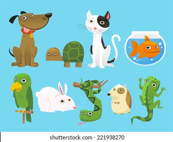 Animal set, with Dog, Turtle, Cat, Bowl Fish, Parrot, Bunny, Snake, Lizard, Mouse. Vector Illustration Cartoon.