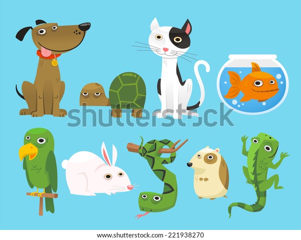 Animal set,\
with Dog, Turtle, Cat, Bowl Fish, Parrot, Bunny, Snake, Lizard,\
Mouse. Vector Illustration\
Cartoon.