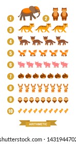 Animal set: elephant, tiger, bear, dog, hedgehog, rabbit, pig, chicken, owl, fox.  Cute mathematical poster for children. Vector cartoon isolated illustration