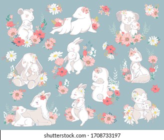 Animal set family character with flowers. Vector illustration. Mom and baby. Happy mothers day. Mom I love you.