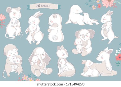 Animal set family character. Vector illustration. Mom and baby. Happy mother's day. Mom I love you.
