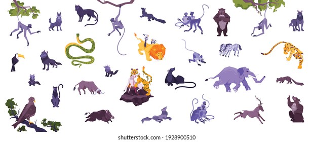 Animal set with flat isolated icons and characters of exotic animals monkeys predators snakes and birds vector illustration
