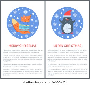 Animal set of icons fox in sweater, penguin in hat images in circles with snowflakes vector illustration posters with place for text isolated on white