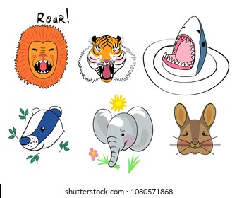 Animal set illustration print.sketch of a cute screeching lion, rabbit, growling tiger, shark with an open mouth, elephant with a flower and a sun, badger with leaves/Hand drawing lion illustration 
