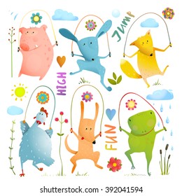 Animal Set Jumping Rope Colorful Collection. Childish pets skipping watercolor style. Dog and frog, rabbit and pig, hen and fox, cartoon vector illustration.
