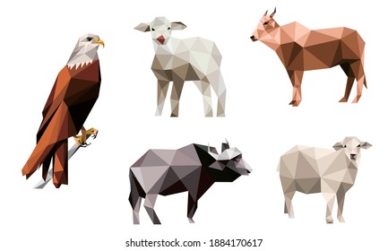 Animal Set in low poly polygonal. live stock buffalo goat cow sheep eagle in low poly polygon