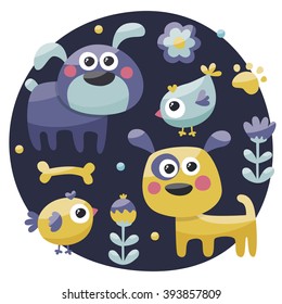 Animal set made with dog, birds, flowers, paw, trace, plants, berries, nature, bone