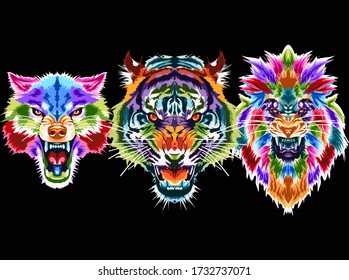 Animal set pop art. Colorful wildlife. Elephant, mammoth, wolf, fox, tiger, panther, lion, falcon, eagle. 