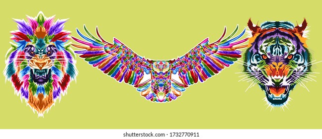 Animal set pop art. Colorful wildlife. Elephant, mammoth, wolf, fox, tiger, panther, lion, falcon, eagle. 