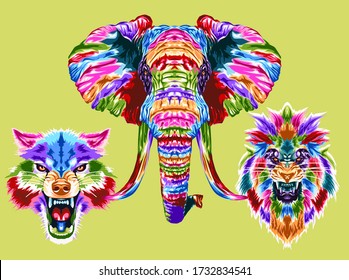Animal set pop art. Colorful wildlife. Elephant, mammoth, wolf, fox, tiger, panther, lion. 