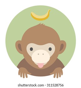 Animal set. Portrait in flat graphics. Monkey with banana and symbol of Happy New Year. Vector Illustration