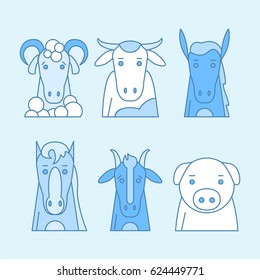 Animal set of portrait in flat graphics. Vector Illustration