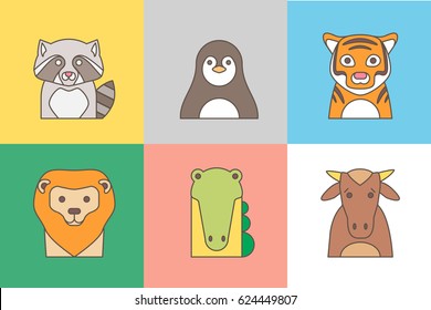 Animal set of portrait in flat graphics. Vector Illustration