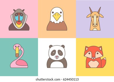 Animal set of portrait in flat graphics. Vector Illustration