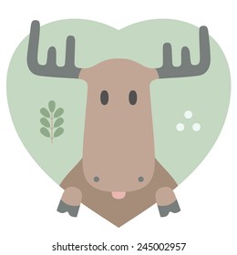 Animal set. Portrait of a moose in love in flat graphics over a heart backdrop