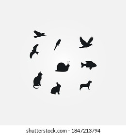 Animal set silhouette icon, Vector, Vector silhouette flying birds, Rabbit, fish, Vector Collection of Bird Silhouettes. Note: Editable 