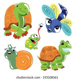 animal set of six set of 6 cute friendly animals including turtles, a frog, snail, dragonfly, and more
