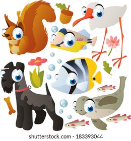 animal set: squirrel, fish, ibis, dog, seal