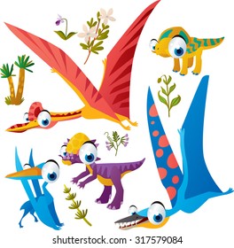 Animal set: vector cute comic dinos: quetzalcoatl, protoceratops, pterodactyl, pachycephalosaurus