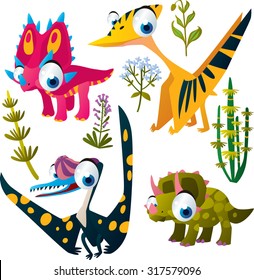 Animal set: vector cute comic dinos: styracosaurus, pterosaurus, pteranodon, triceratops
