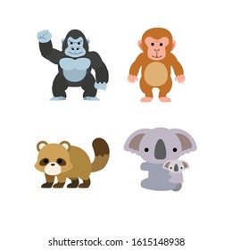 animal set vector illustration koala, monkey, gorilla, racoon