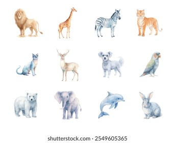 Conjunto de animales ilustración de pintura de acuarela Fondo blanco 