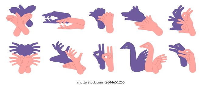 Animal shadow gestures. Hands theater, human hand show different animals. Theatrical arm and fingers gesture, shadows imagination, racy vector set